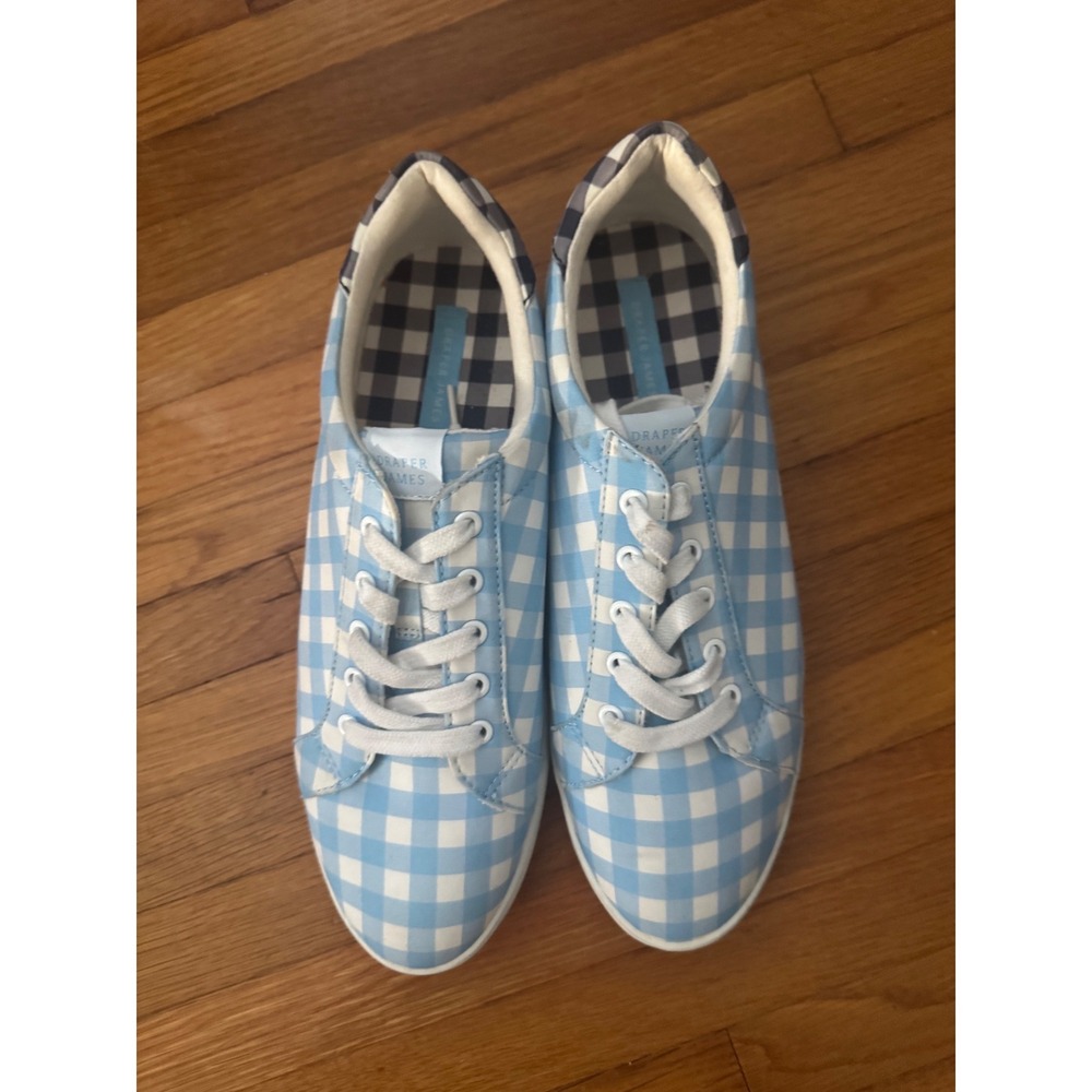 Draper James Womens Gingham Lace Up Sneakers Blue White Low Top Shoes Size 9